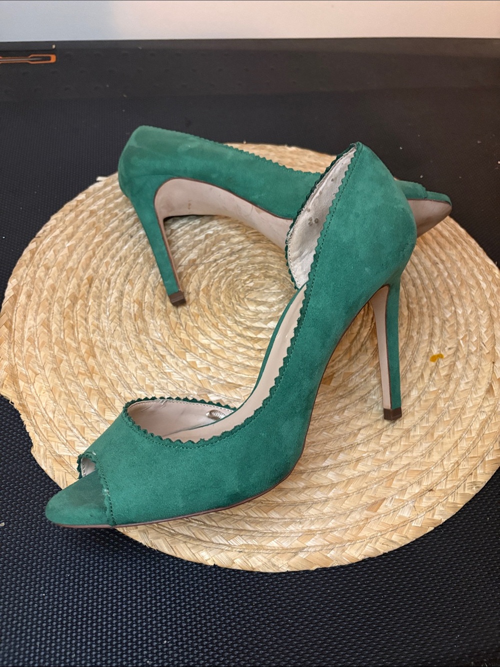 Zara Teal Green Faux Suede Peep-Toe High Heels
